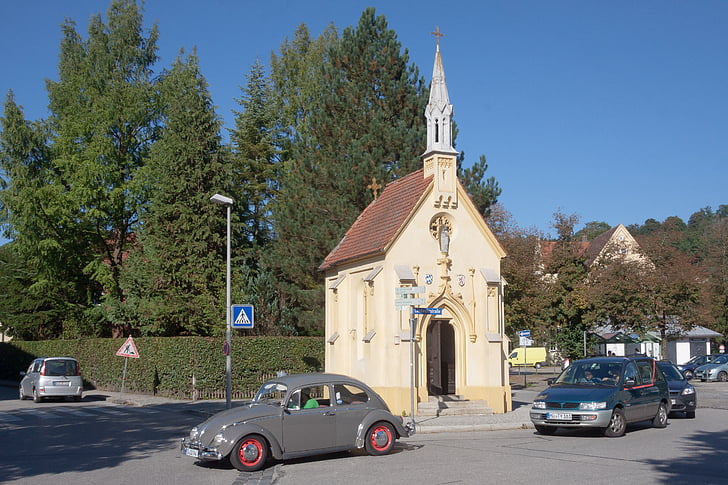 chapel, vw, vw beetle, grey, trees, junction, autos