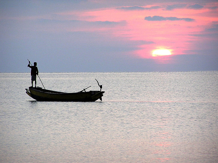 Meer, Fischer, Sonnenuntergang, Boot, Schiff, Natur, Strand