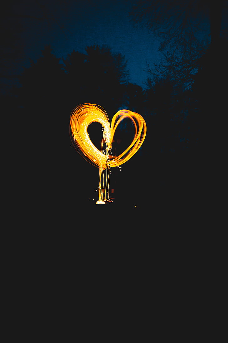 photography, heart, light, painting, nature, trees, night