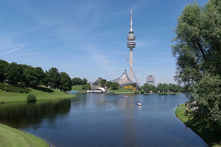 München, prizorišča olimpijskih iger, Bavarska, strehe, arhitektura, TV stolp, jezero