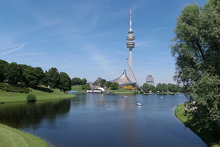 Munique, local dos Jogos Olímpicos, Baviera, telhado, arquitetura, Torre de TV, Lago
