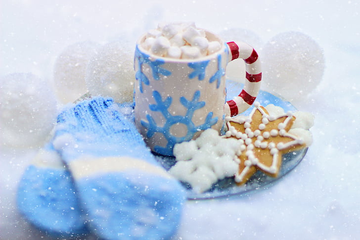 ciocolată caldă, cacao, cookie-ul, iarna, zăpadă, fulgi de zăpadă, bulgări de zăpadă
