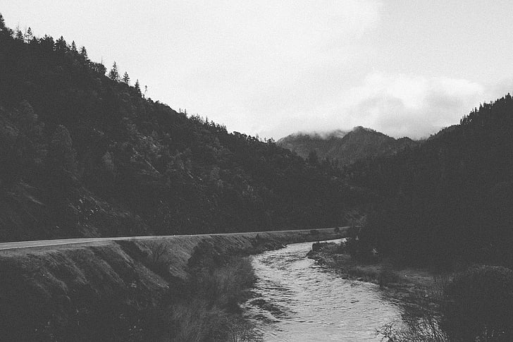 grayscale, photography, body, water, hills, road, landscape