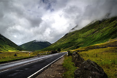 rua, estrada, caminho, paisagem, montanhas, natureza, nublado