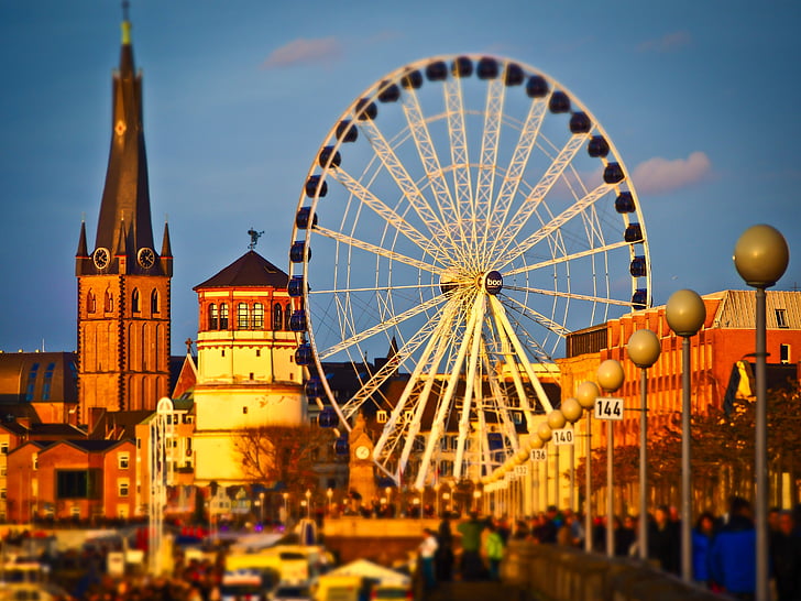 Panorama, Rýnské promenádě, Düsseldorf, řeka Rýn, město, Rýn, hradní věž
