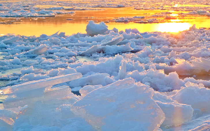 river, sunset, winter, ice, frost, sunrise, stones