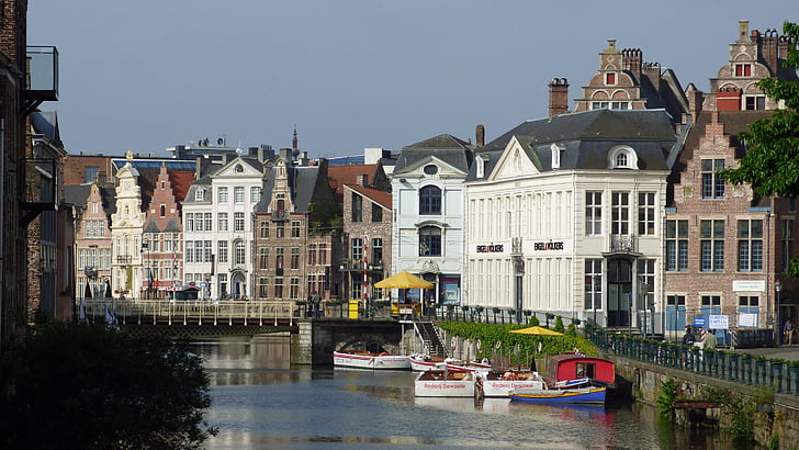 ghent, belgium, canal, architecture, building, gent