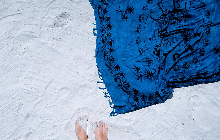 бяло, пясък, плаж, синьо, шал, пикник, лято