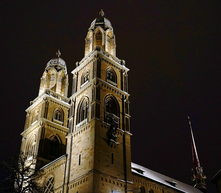 Zurich, noc, tmavé, kostol, veža, svetlo, tieň
