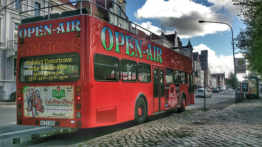 bus, double decker, open at the top, red, lübeck, city, retro