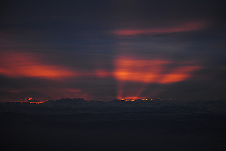 山, morgenrot, 雲, アルプス, 日の出, 火, 空