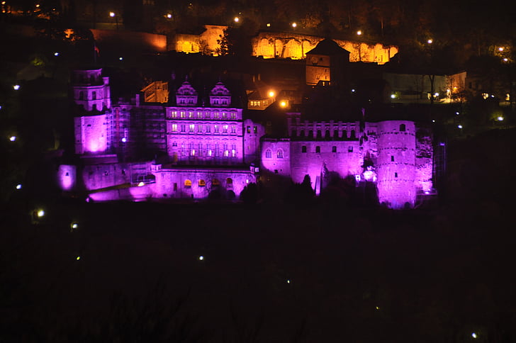 Heidelberg, Castle heidelberg, kastély illuminations, lila világítás, weltfrühchentag 2013, lila, kultúra