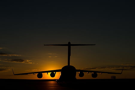 sunset, airplane, aircraft, silhouette, runway, tarmac, travel