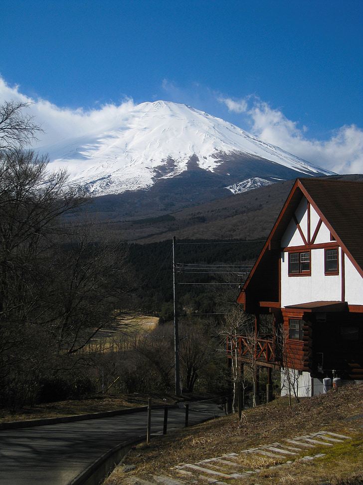 Mont fuji, Villa, refuge de montagne, hiver, neige, ciel bleu, Nuage