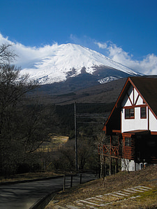 mt fuji, villa, mountain hut, winter, snow, blue sky, cloud