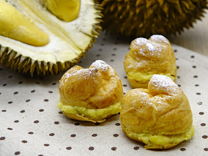durian puff, pastry, bakery, cream, dessert, durian, asian