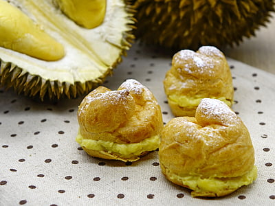 Durian puff, wienerbrød, Bageri, fløde, dessert, Durian, asiatiske