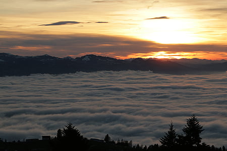matahari terbenam, Alpine, musim dingin, romantis, Swiss, Austria, pegunungan