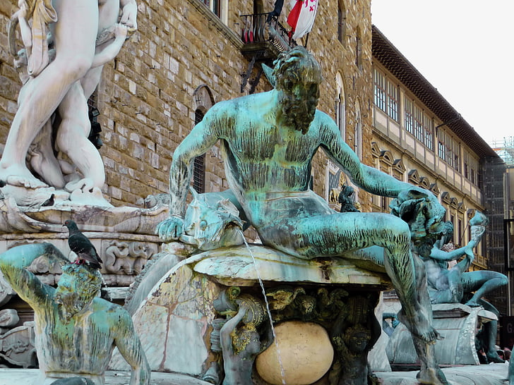 Italien, Florens, fontän, Neptune, brons, Signoria square, prydnad