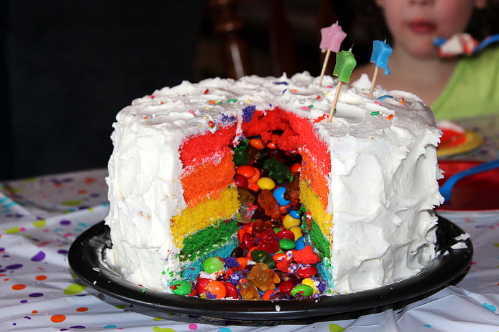 κέικ, ουράνιο τόξο, γενέθλια, καραμέλα, πολύχρωμο, επιδόρπιο, Γλυκό