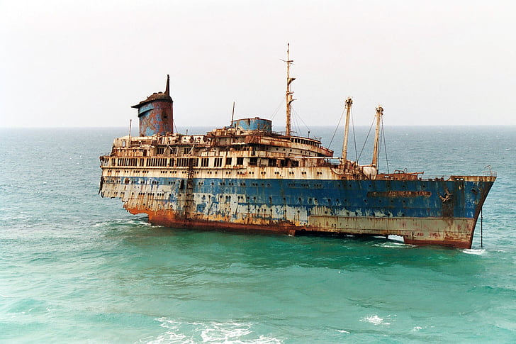難破船, アメリカのスター, フェルテベントゥラ島, 海, 水, 船, 不幸