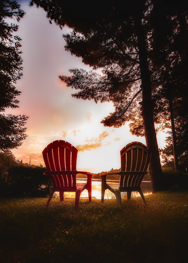 canada, sunset, sky, clouds, dusk, evening, chairs