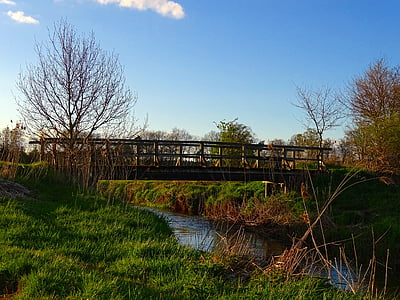nature, bridge brook, bach, water, blue sky, landscape, wooden bridge