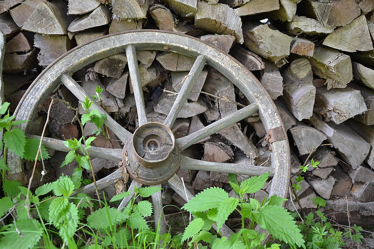 ruota di carro, ruota, oggetto d'antiquariato, legno, Holzstapel, ruota di legno, nostalgia