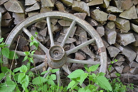 roue de wagon, roue, antique, bois, holzstapel, roue en bois, nostalgie