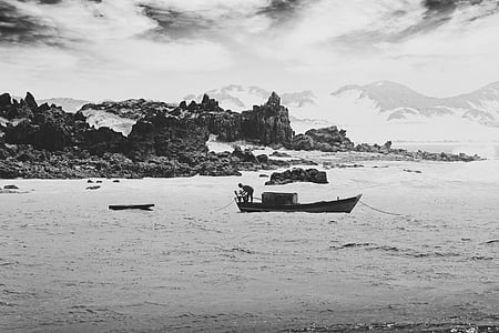 black-and-white, boat, fisherman, island, landscape, mountain, nature