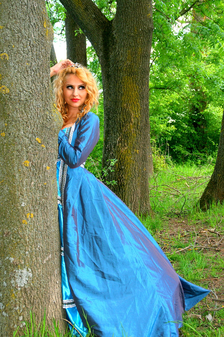 девочка, Принцесса, платье, Голубой, лес, женщины, на открытом воздухе