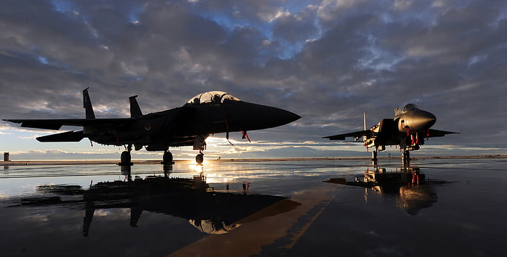 нас военно-воздушных сил, f-15e, реактивный истребитель, самолеты, небо, облака, Закат