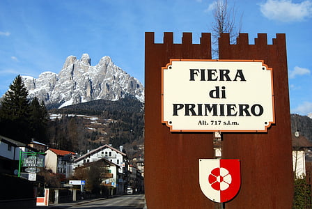 Fiera di primiero, Dolomites, Itālija, signāls, kalns, Trentino, zīme