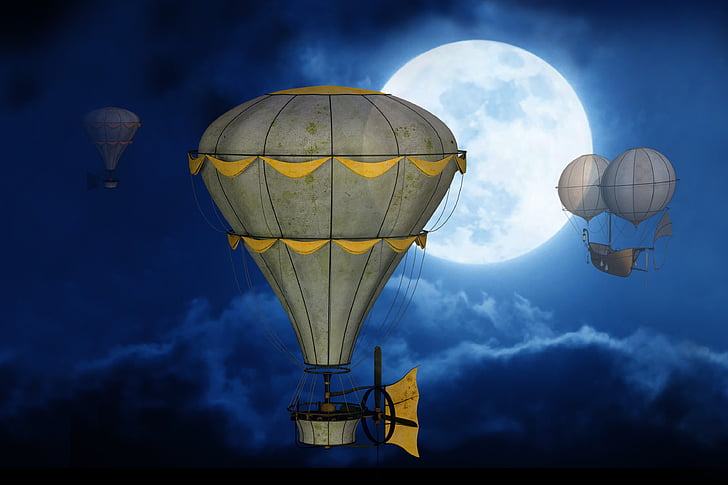 mēness, debesis, gaisa balons, gondola, pilns mēness, mistisks, naktī