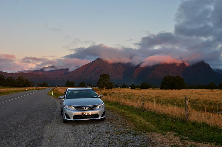 zachód słońca, Nowa Zelandia, dekoracje, drogi, motoryzacyjny, Chmura, góry