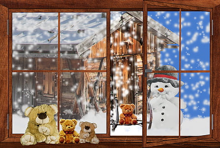 Снежна човек, зимни, сняг, зимни, поздравителна картичка, Хижа, планинска хижа