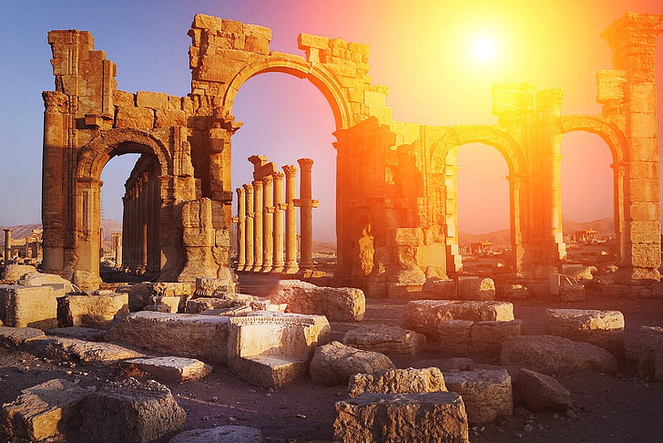antiquity, columnar, ruins, rhaeto romanic, temple, sunset, fragments