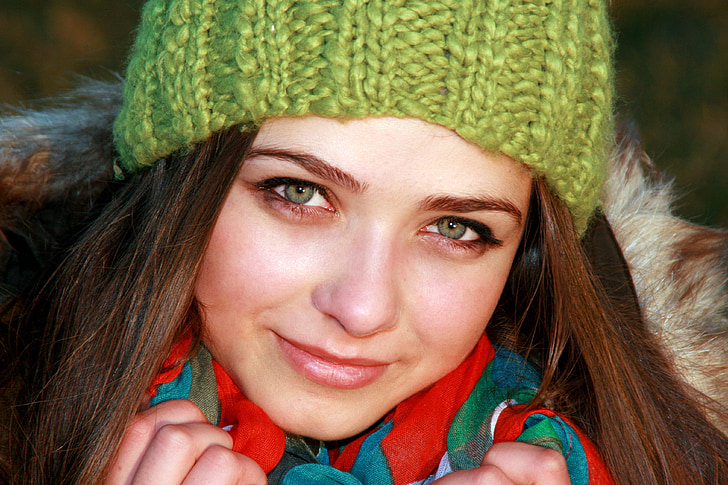 meitene, zaļas acis, cepure, zaļa, auksti, portrets, skaistumu