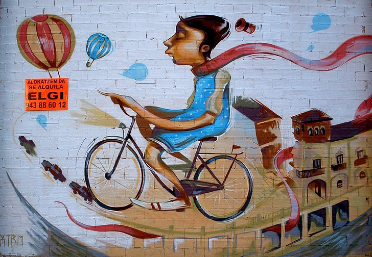 grafiti, biciklist, osoba, poput zida, slika, umjetnička djela, slika