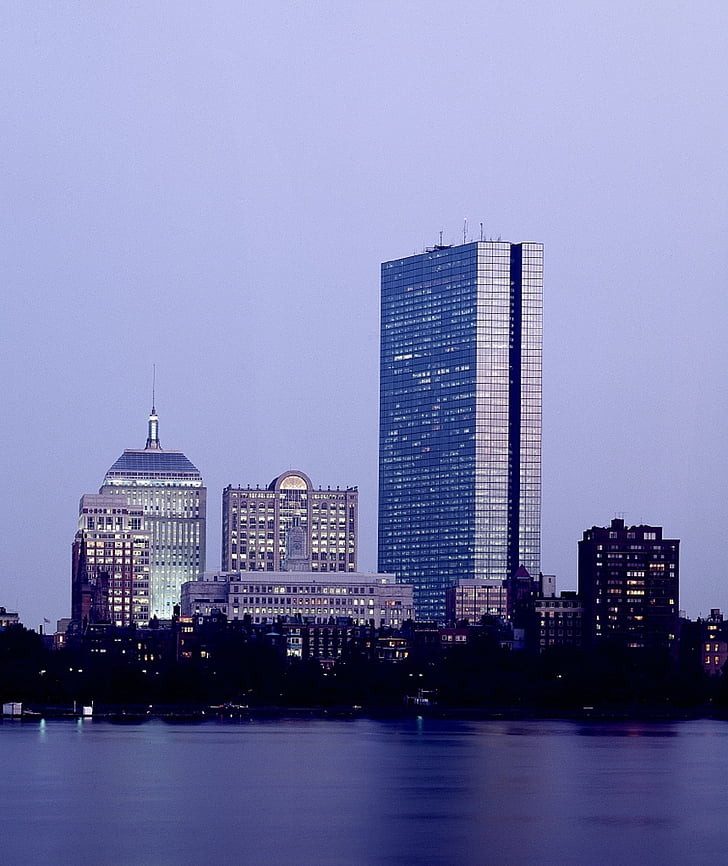 Boston, Massachusetts, siluets, pilsētas, gaismas, pārdomas, arhitektūra