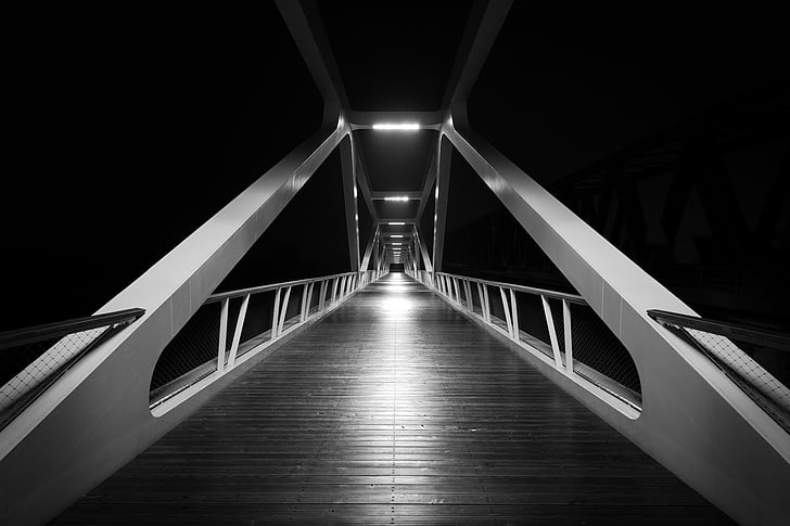 black, white, photo, bridge, night, bridge - man made structure, staircase
