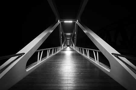 Juoda, balta, nuotrauka, tiltas, naktį, tiltas - vyras padarė struktūra, laiptai
