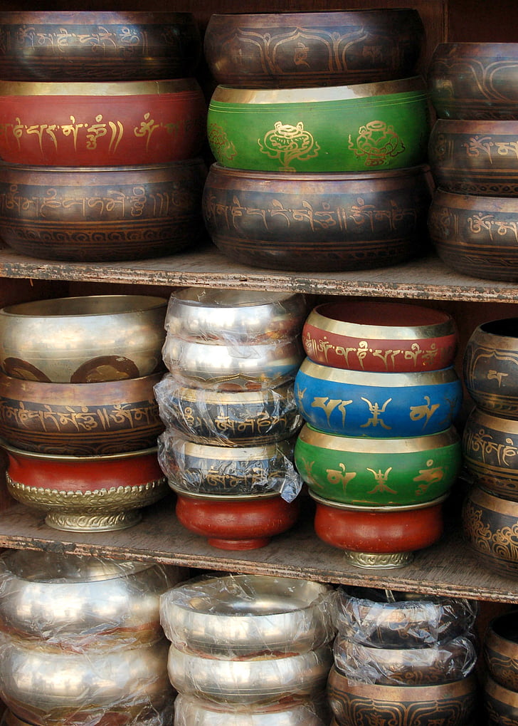 prayer bowls, colourful, nepal, buddhism, temple, bowl, meditation