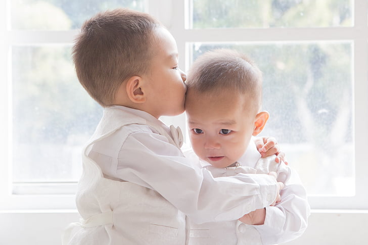 brothers, love, kiss, baby, indoors, innocence, holding