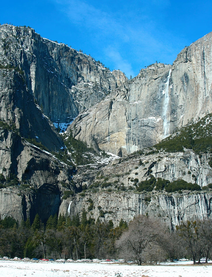 Yosemite, vattenfall, snö, snösmältningen, vatten, spray, blå himmel