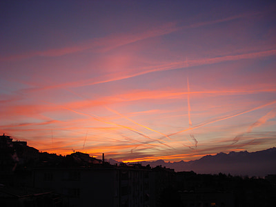 Dawn, jul, stigande solen, Sky, Lausanne, Schweiz, färgglada