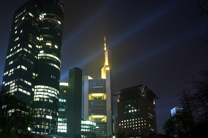 mesto, svetilke, nebotičnikov, noč, svetlobe, luči, Frankfurt