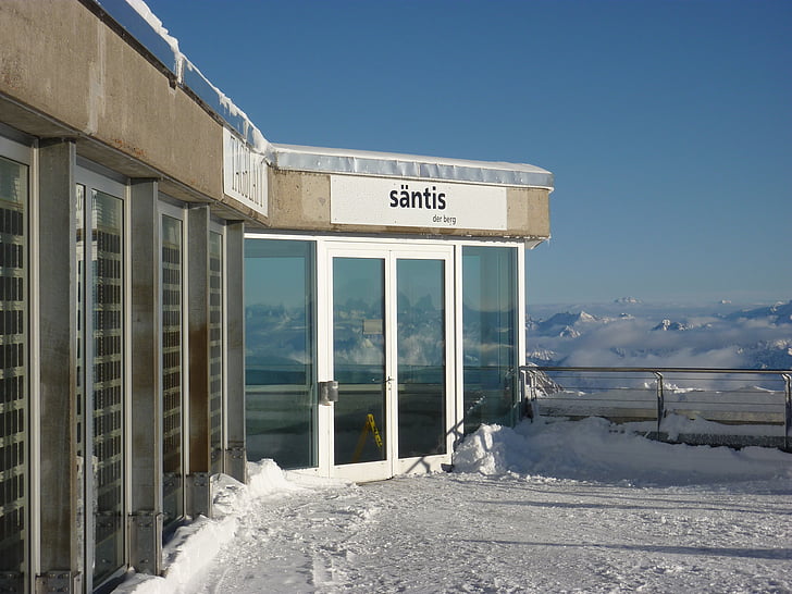 Säntis, hó, hegyek, panoráma, Svájc säntis, svájci Alpokban, hegyi állomás