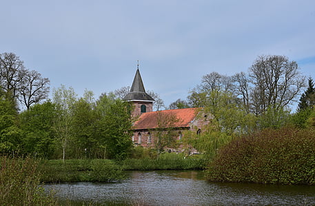church, landscape, water, sky