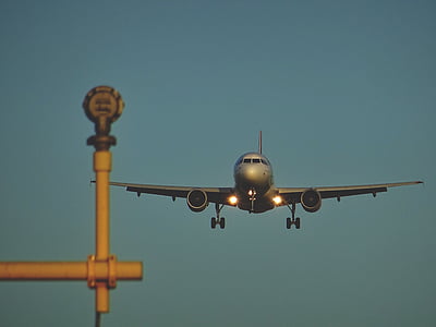 landing, vliegtuig, luchtvaartmaatschappij, reizen, reis, blauw, hemel